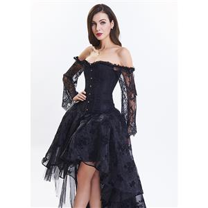 Women's Fashion Plastic Boned Black Overbust Long Floral Lace Sleeve Corset Organza Skirt Set N14476