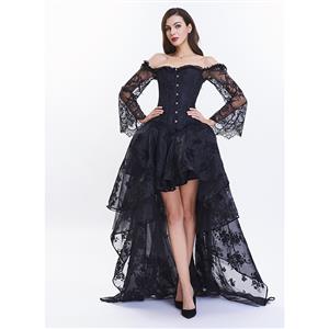 Women's Fashion Plastic Boned Black Overbust Long Floral Lace Sleeve Corset Organza Skirt Set N14476