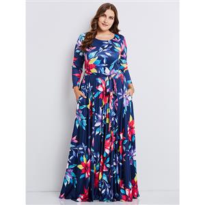 Blue Dress Plus Size, Round Neck Dress, Long Sleeve Dress, Plus Size Dresses for Women, Floral Print Dress Plus Size, Sexy Party Dress for Women, #N15347