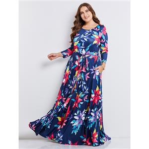 Women's Plus Size Round Neck Long Sleeve Floral Print Maxi Dress N15347