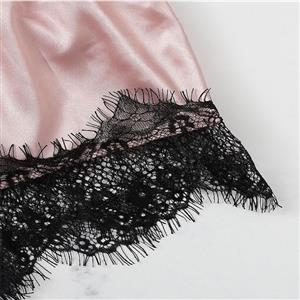 Plus Size Sexy Pink Satin Lace Trim Spaghetti Strap Pajamas Teddy Bodysuit Lingerie N21328