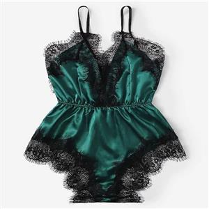 Plus Size Sexy Green Satin Lace Trim Spaghetti Strap Pajamas Teddy Bodysuit Lingerie N21329