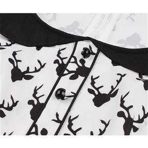 Plus Size Vintage Black and White Reindeer Print Lapel Short Sleeves High Waist Midi Dress N18658