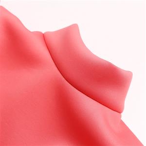 Women's Sexy Pink High Neck Puff Sleeve Back Open Bodycon Midi Dress N15706