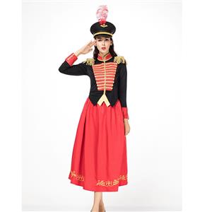 Red-black Honor Guard Majorette Leader Baton Girl Maxi Dress Halloween Costume with Hat N18309