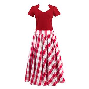 Vintage Red Cut Out Short Sleeve T-shirt and Plaid Skirt Set N12943