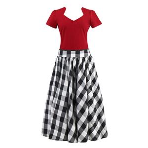 Vintage Red Cut Out Short Sleeve T-shirt and Plaid Skirt Set N12945