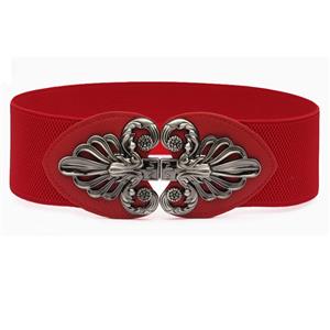 Fashion Red Elastic Wide Waistband Floral Alloy Interlock Buckle Waist Belt N18253