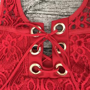 Charming Red Floral Lace Hole Lace Up Lingerie Bra Set N15278