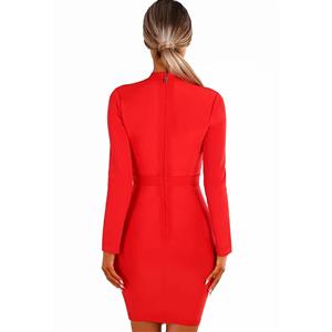 Women's Sexy Red High Neck Long Sleeve Hollow Out Lace-up  Bodycon Dress N16303