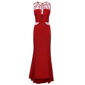 Women's Red Lace Illusion Neckline Sleeveless Evening Gowns Wedding Guest Dress N15855