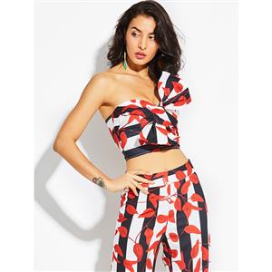 Women's Red Leaf Print Bow Knot Stripe Vacation Crop Top N15057