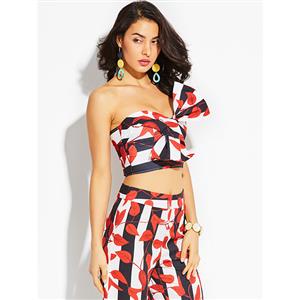 Women's Red Leaf Print Bow Knot Stripe Vacation Crop Top N15057