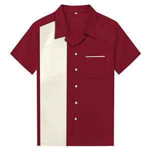 Red Male Retro Splicing Panel Casual Fifties Bowling Shirt N16687