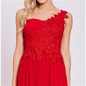 Women's Red One Shoulder Sleeveless Appliques Chiffon Ankle-length Evening Gowns N15872