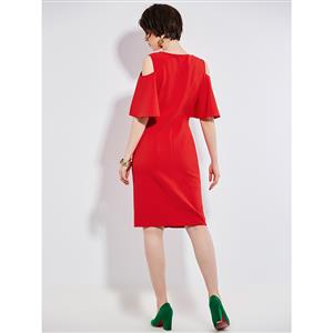 Fashion Red Round Neck Cold Shoulder Flare Sleeves Zipper Women's Day Dress N14960