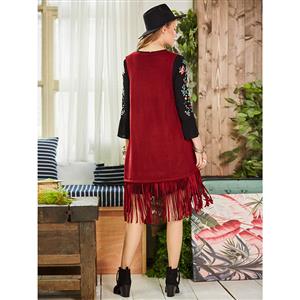 Womens Red Casual Sleeveless Tassel Long Waistcoat Cardigan N15973