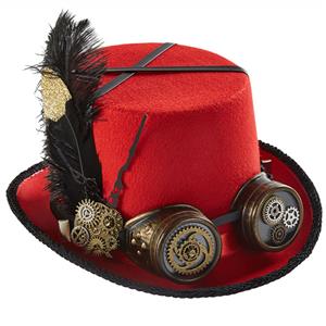 Red Steampunk Feather and Gear Goggles Masquerade Halloween Costume Top Hat J22790