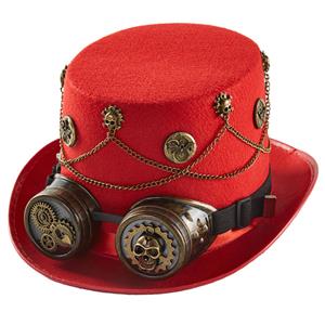 Red Steampunk Skull Head and Gear Goggles Masquerade Halloween Costume Top Hat J22785