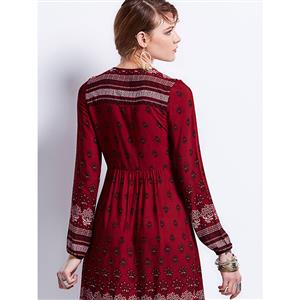 Women's Red Tribe Style Long Sleeve Floral Print Midi Dresses N14411