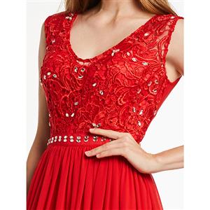 Women's Elegant Red V Neck Sleeveless Beaded Appliques Chiffon Evening Gowns N15859