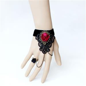 Retro Bracelet, Retro Red Rose Lace Bracelet, Cheap Wristband, Gothic Black Bracelet, Victorian Black Velvet Bracelet, Retro Black Wristband, Bracelet with Ring, #J18173