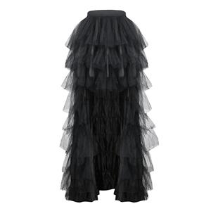 Women's Retro Black Multi-layer Gauze High Waist Elastic High Low Dance Skirt N20269