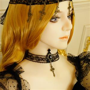 Retro Black Lace Pattern Pendant Gothic Style Necklace J19191