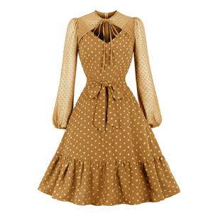 Vintage Lace-up Cut-out Bodice Long Sleeves Sashed High Waist Cocktail Party A-line Dress N22046