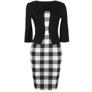 Vintage 3/4 Sleeve One-Piece Patchwork Office Bodycon Dress with Belt N12101