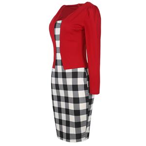 Vintage Office Lady 3/4 Sleeve One-Piece Patchwork Bodycon Christmas Dress with Belt N12103