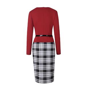 Vintage Office Lady 3/4 Sleeve One-Piece Patchwork Bodycon Christmas Dress with Belt N12103