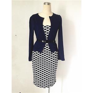 Vintage Office Lady One-Piece Patchwork Bodycon Dress with Belt N12104