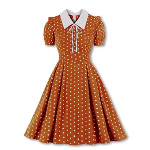 Retro Lapel Lacing Short Sleeve Polka Dots Print Summer Daily A-line Swing Dress N22253