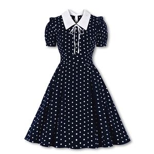 Retro Lapel Lacing Short Sleeve Polka Dots Print Summer Daily A-line Swing Dress N22255
