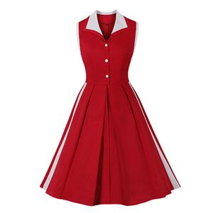Vintage Lapel Front Button Contrast Color Sleeveless High Waist Cocktail Party Swing Dress N21747