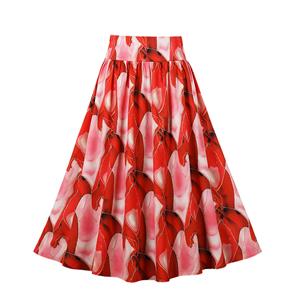 Retro Multi Red High Waisted  A-line Ruffle Hem Skirt N22840