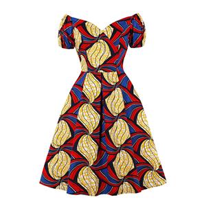 Retro Print Heart Neckline Off Shoulder Short Sleeves High Waist A Line Big Swing Dress N20506