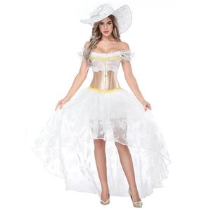 Retro Off-shoulder Crop Top with Ruffled Overbust Corset with High Low Skirt Sets N18214