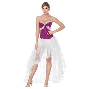 Retro Purple Embroidery Flower Overbust Corset with Organza High Low Skirt Sets N18218