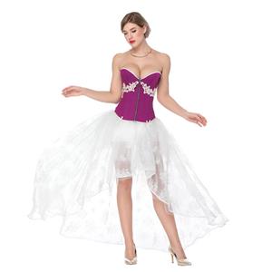 Retro Purple Embroidery Flower Overbust Corset with Organza High Low Skirt Sets N18218