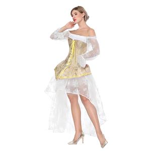 Retro Royal Yellow Brocade Lace-up Overbust Corset with Organza High Low Skirt Sets N18225