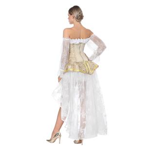 Retro Royal Yellow Brocade Lace-up Overbust Corset with Organza High Low Skirt Sets N18225