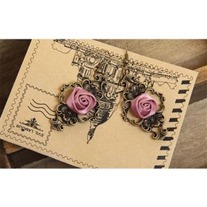 Retro Pink Rose Bronze Floral Earrings J18416