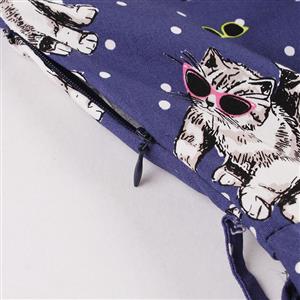 Women's Retro Funny Cat Print Short Sleeves A-line Casual Swing Day Dress N14820