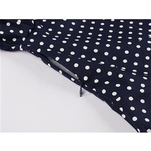 Fashion Navy-blue Lapel Half Sleeve Polka Dots Print Autumn A-line Swing Dress N20784