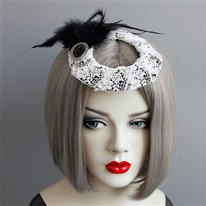 Retro Gothic White Lace Ring Black Gem Feather Embellishment Halloween Accessory Hat Hairclip J18808