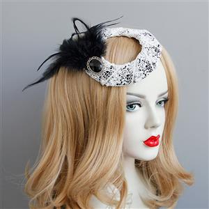 Retro Gothic White Lace Ring Black Gem Feather Embellishment Halloween Accessory Hat Hairclip J18808