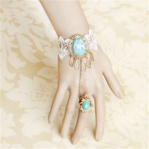 Retro White Floral Lace Wristband Golden Metal Bracelet with Ring J18093