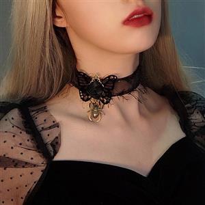 Gothic Black Rose and Butterfly Choker Spider Pendant Cosplay Jewelry Handmade Necklace J21468